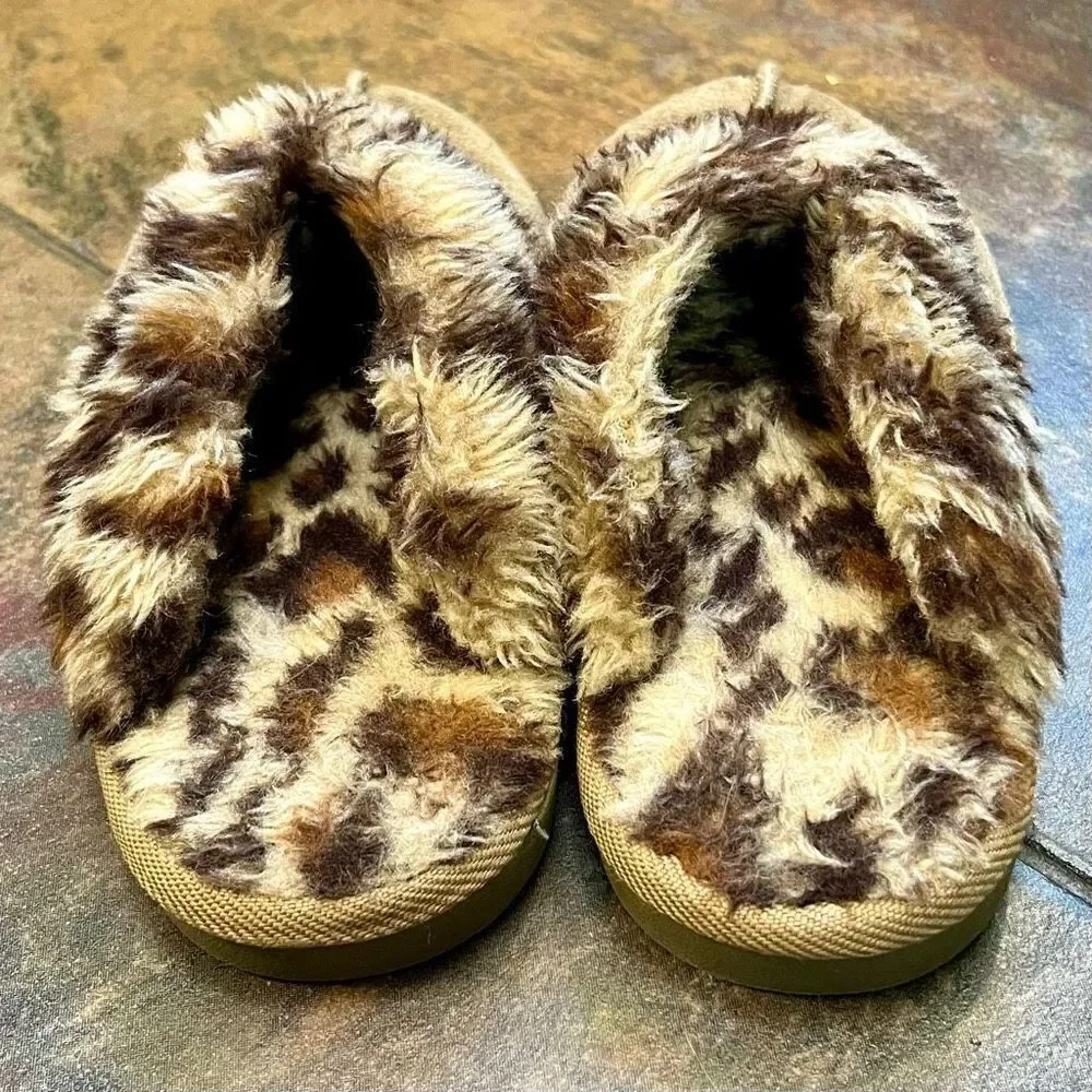 Girl’s Faux Suede Fur Animal Print Slippers Size Small 13-1